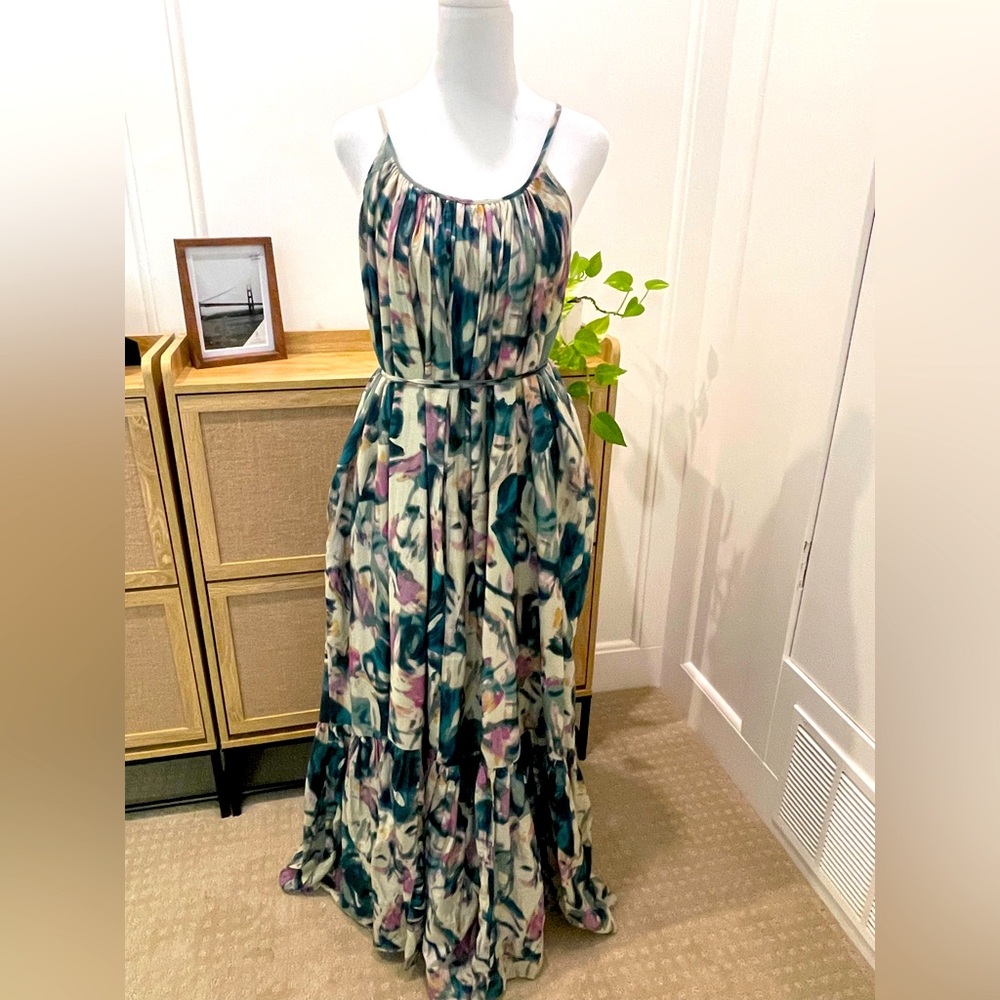 Nordstrom Blue and Black Pleated Tiered Maxi Sundress